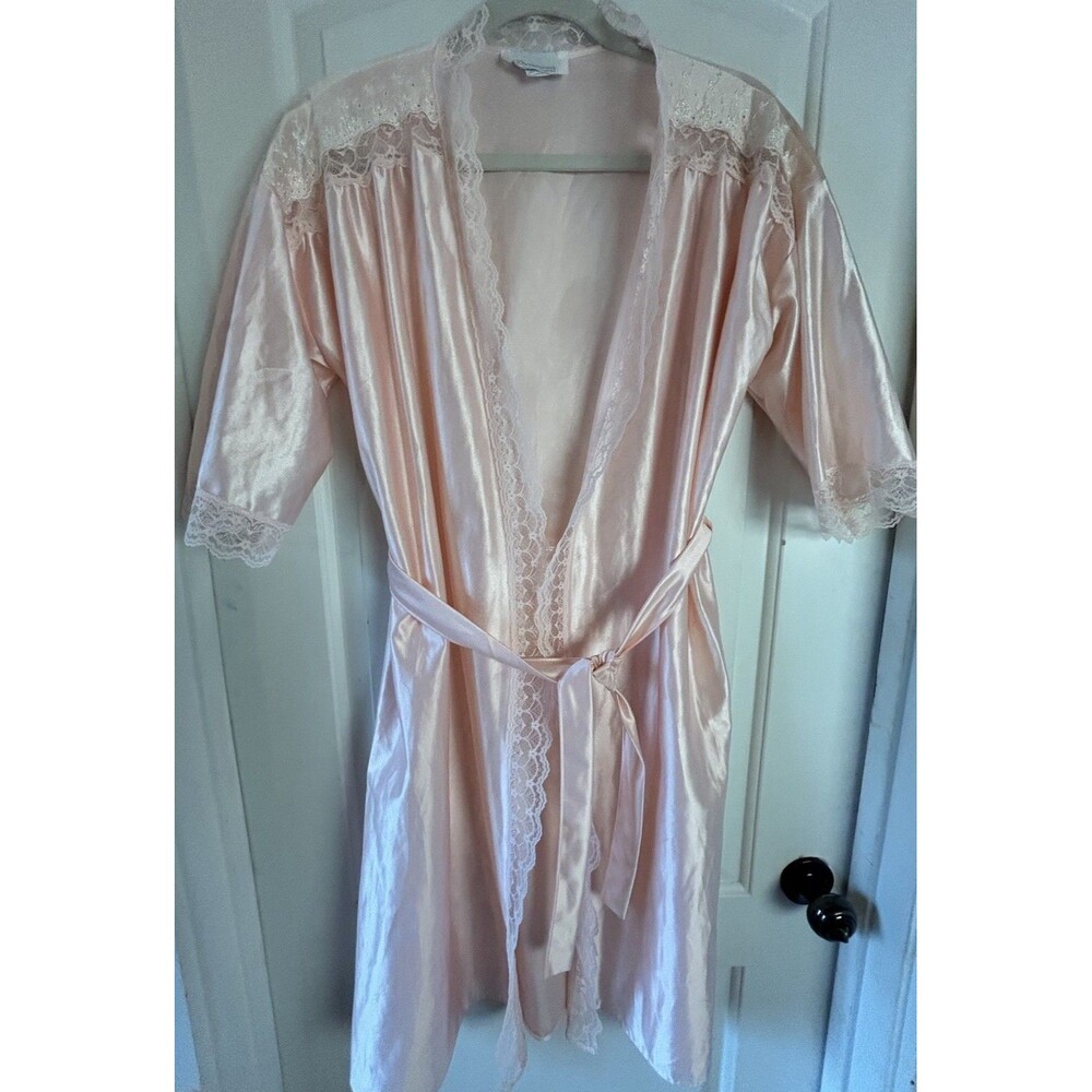 Vintage Pink Lace Trim Short Robe Belted Dreamwear Lingerie Made In USA Size L